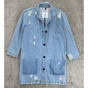Zara ZW The Levitha Denim Coat Womens XS Light Wash Destroyed Denim Chore Duster